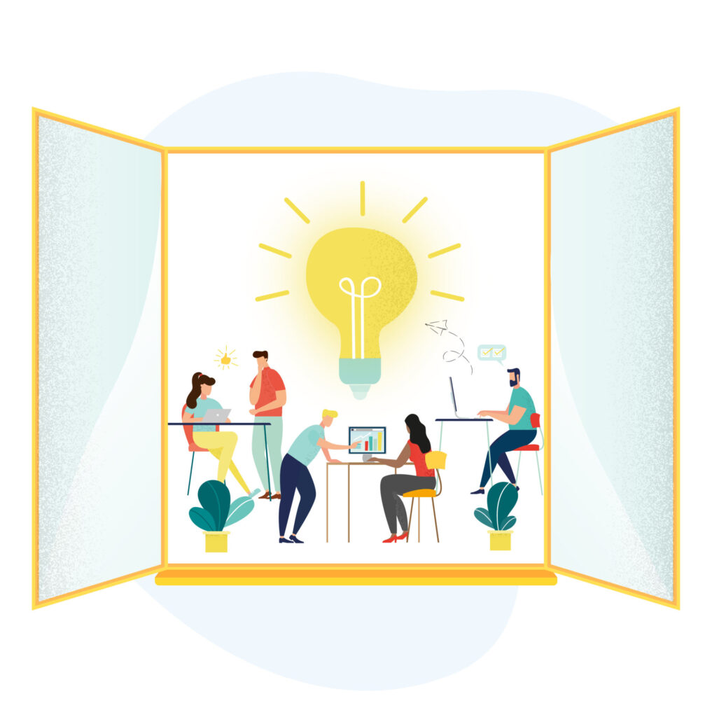 illustration of workers at their laptops and a giant floating lightbulb