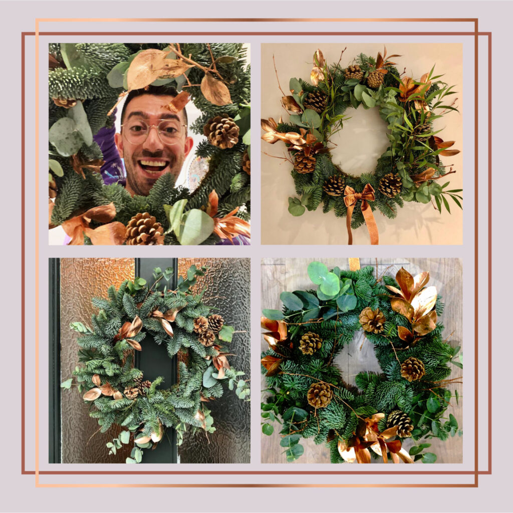 Picture of four Christmas wreaths and a face in top left NKD's Virtual Christmas Development Day and Party