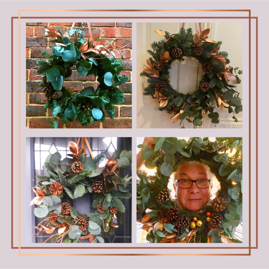 Picture of four Christmas wreaths and a face in bottom right NKD's Virtual Christmas Development Day and Party