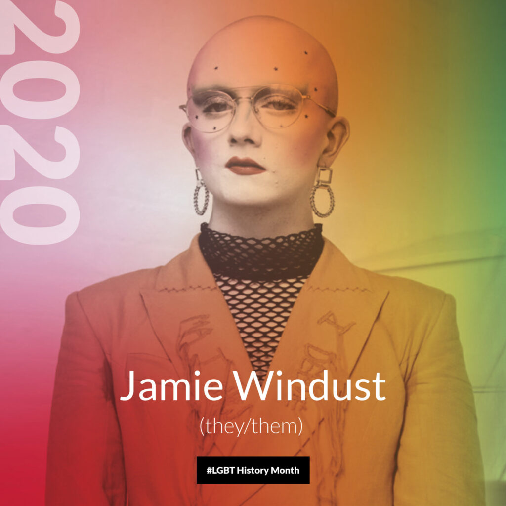 A picture of Jamie Windust, a non-binary model, activist, author and speaker. A rainbow gradient overlays the image 