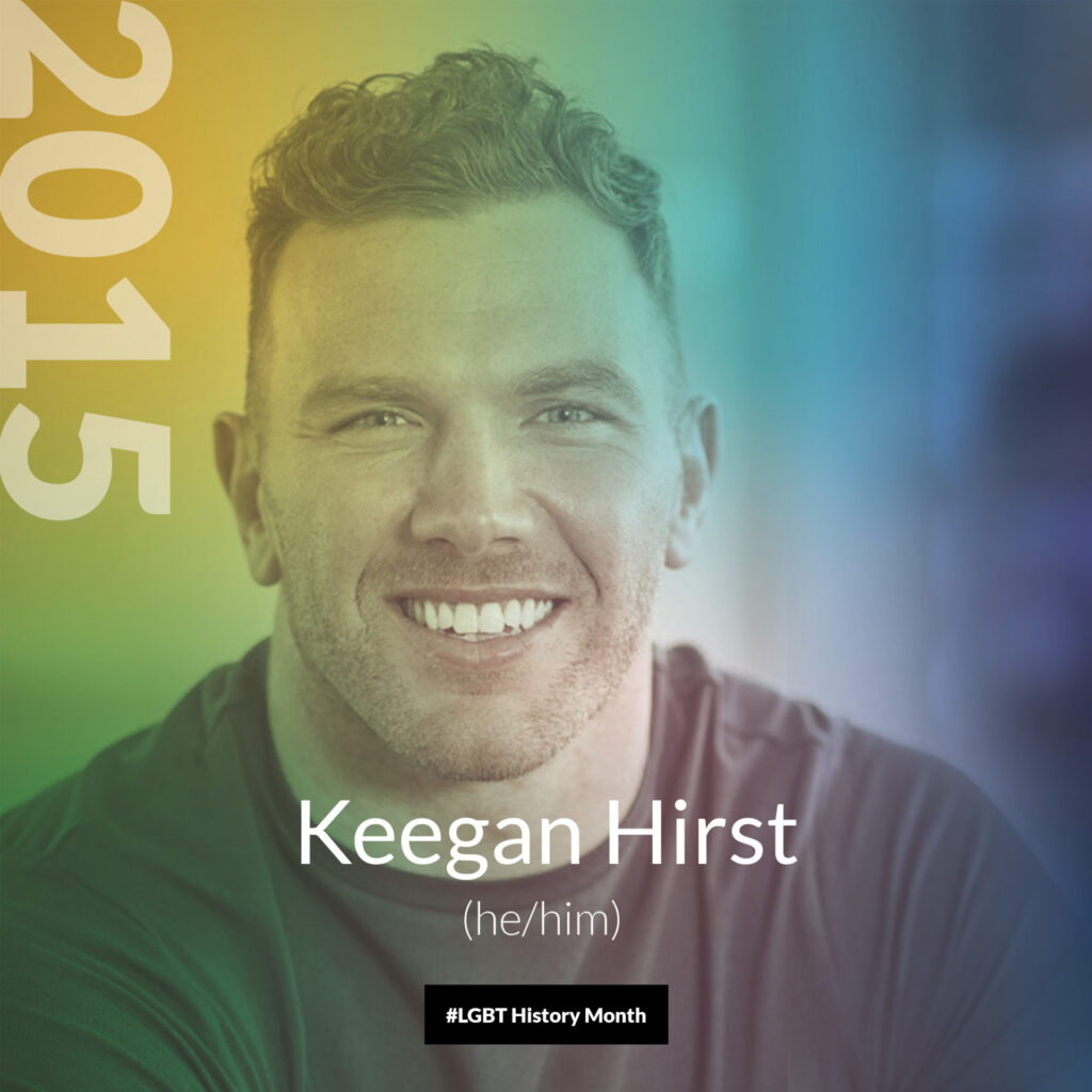 Picture of Keegan Hirst the first British Rugby footballer to come out publicly as gay in 2015. A rainbow gradient overlays the picture