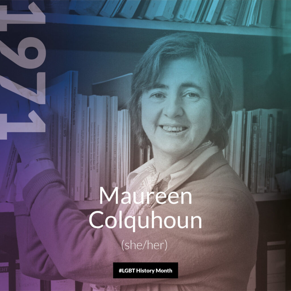 A picture of Maureen Colquhoun the first openly lesbian MP for Britain. A rainbow gradient overlays the image