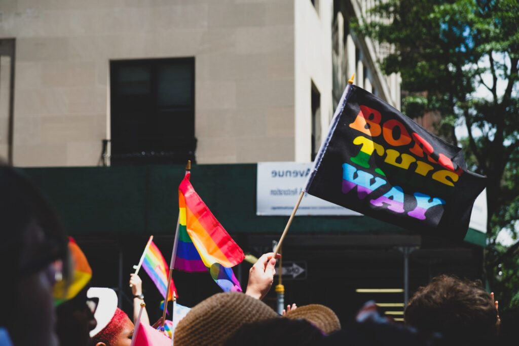 Image from a bride march of flags - banner for lgbt+ history month week 3 blog