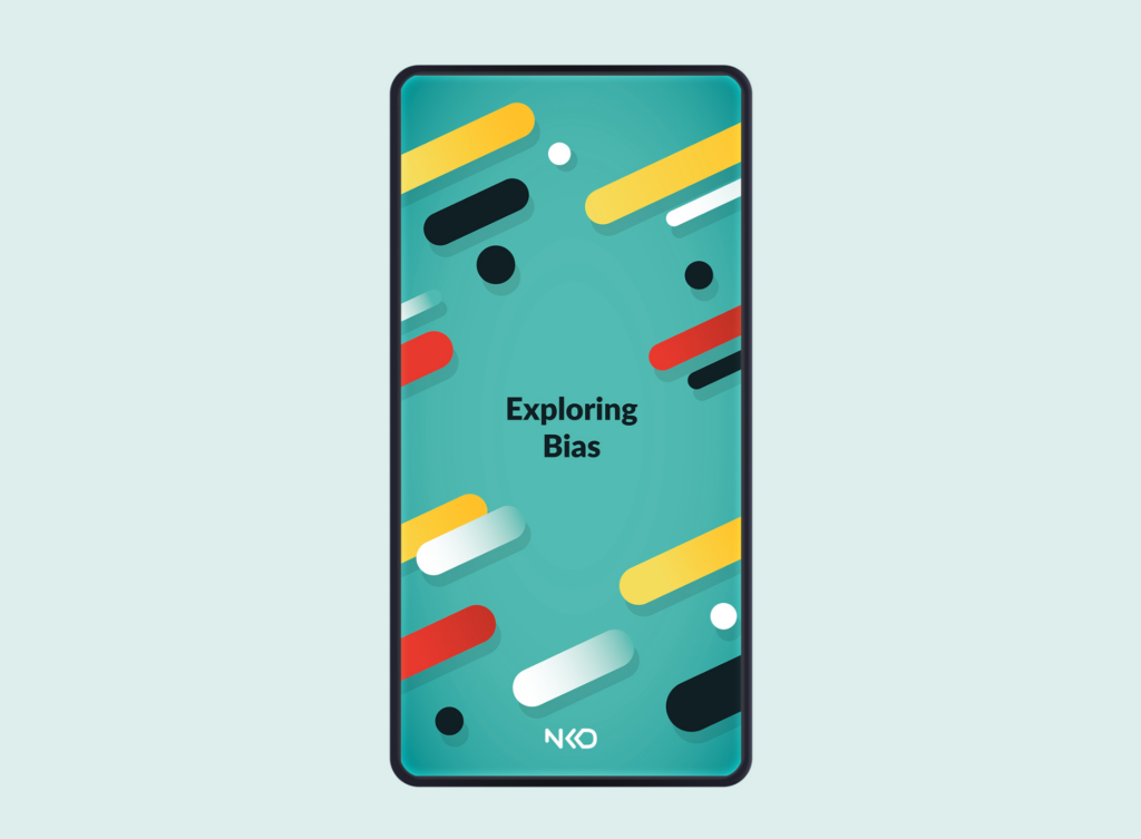 Phone with 'Exploring bias' written on blue graphic background for DEI  e-learning modules
