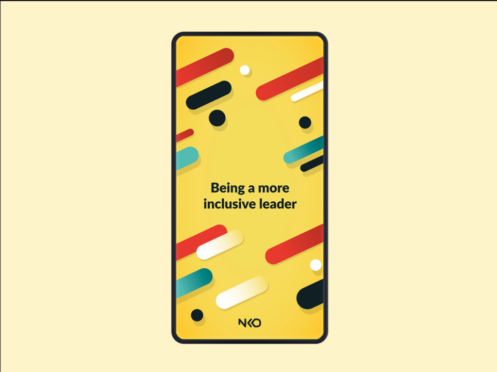 Phone with 'Being a more inclusive leader' written on yellow graphic background for DEI  e-learning modules