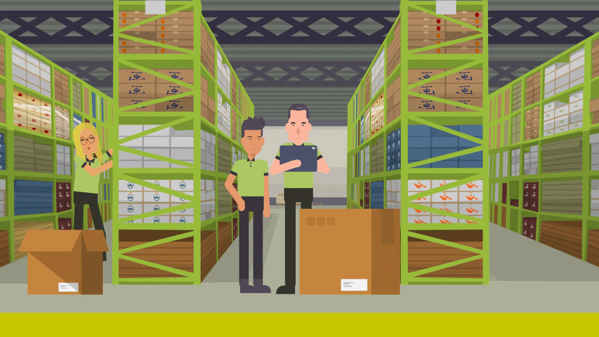 Elearning: animation of people in warehouse