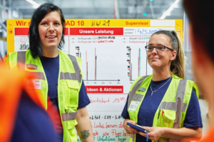 finance for non-finance managers banner image - two women in front of a whiteboard wearing high vis and running a team meeting