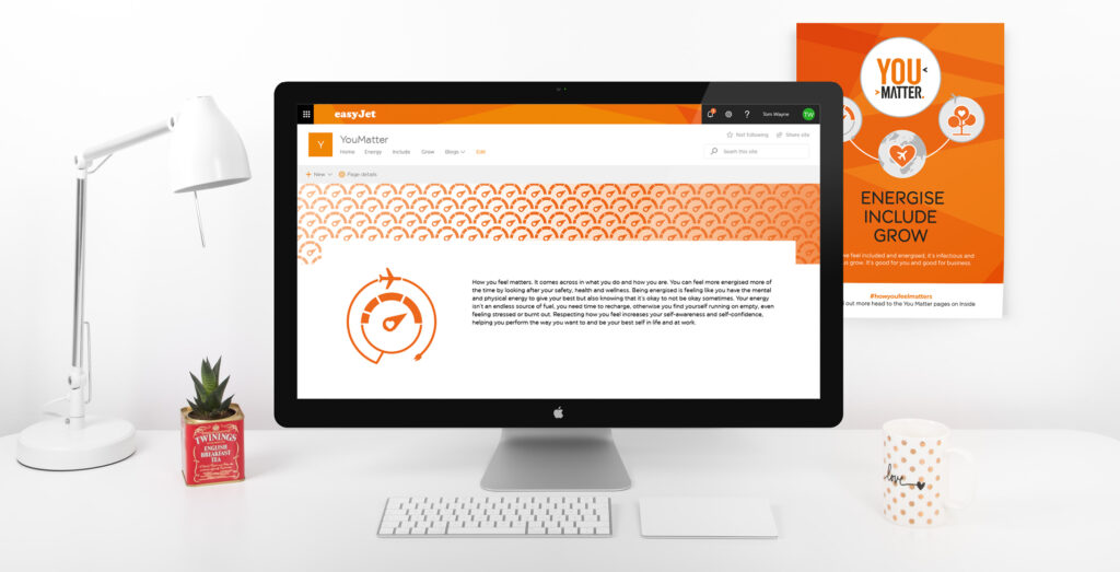 a desktop computer displaying the easyJet you matter branding created by nkd