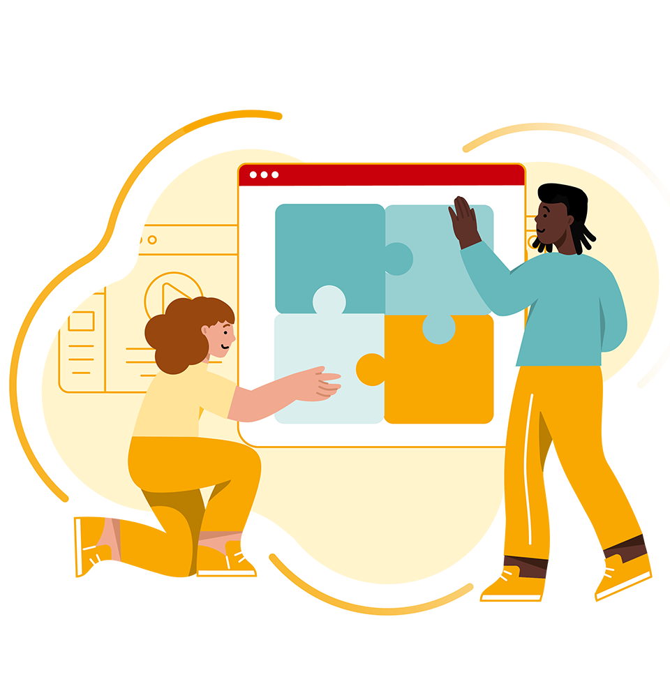 Product page: image of two illustration people putting a puzzle together