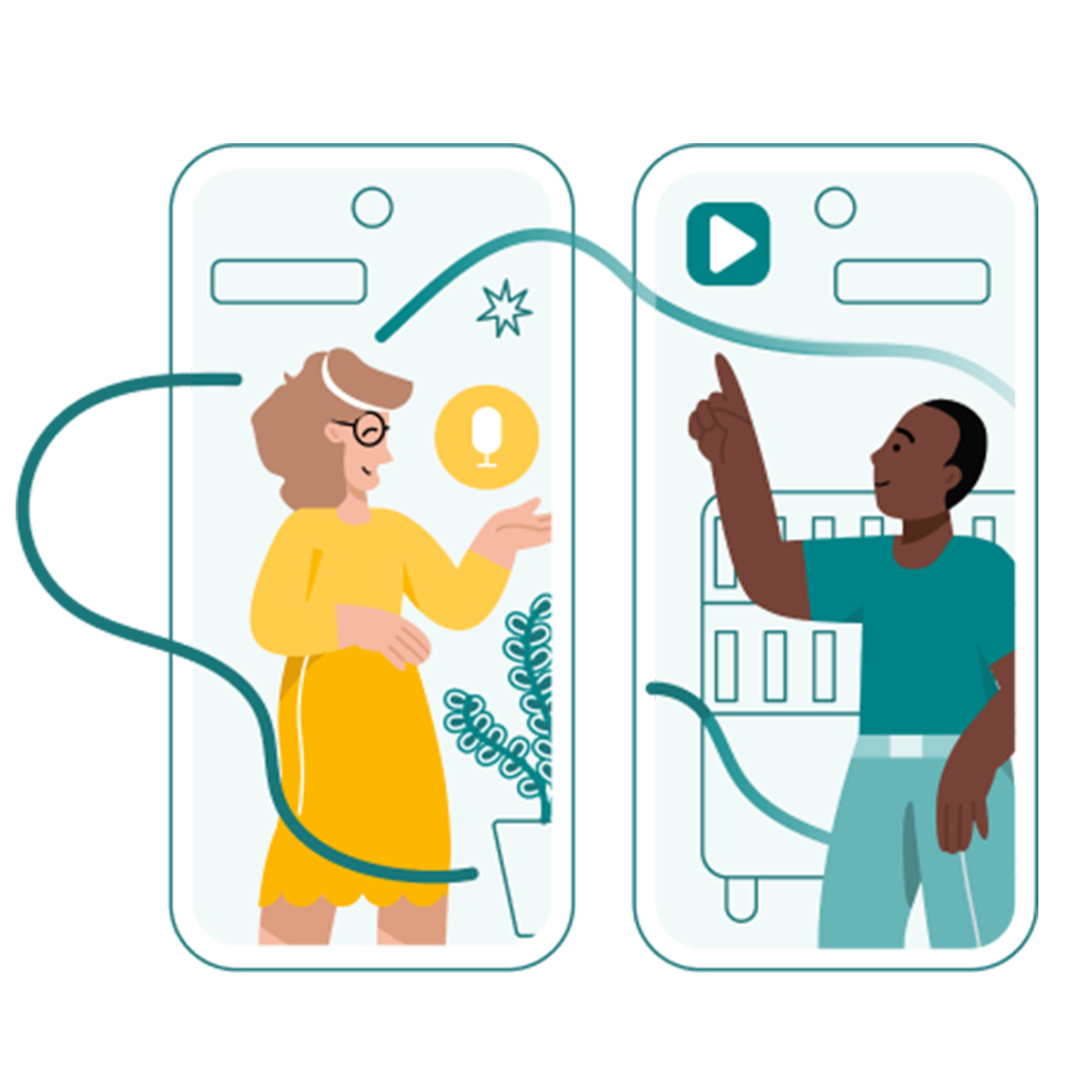 Product page: a mock up of two illustration people in a phone on  