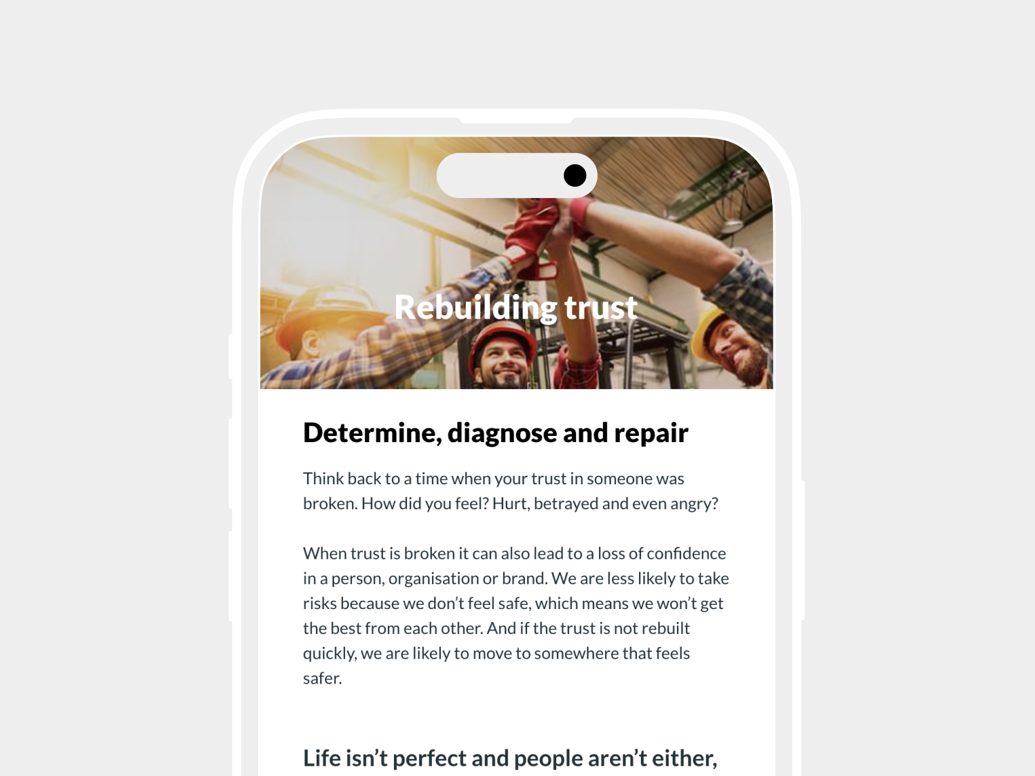 A phone screen explaining the importance of rebuilding trust