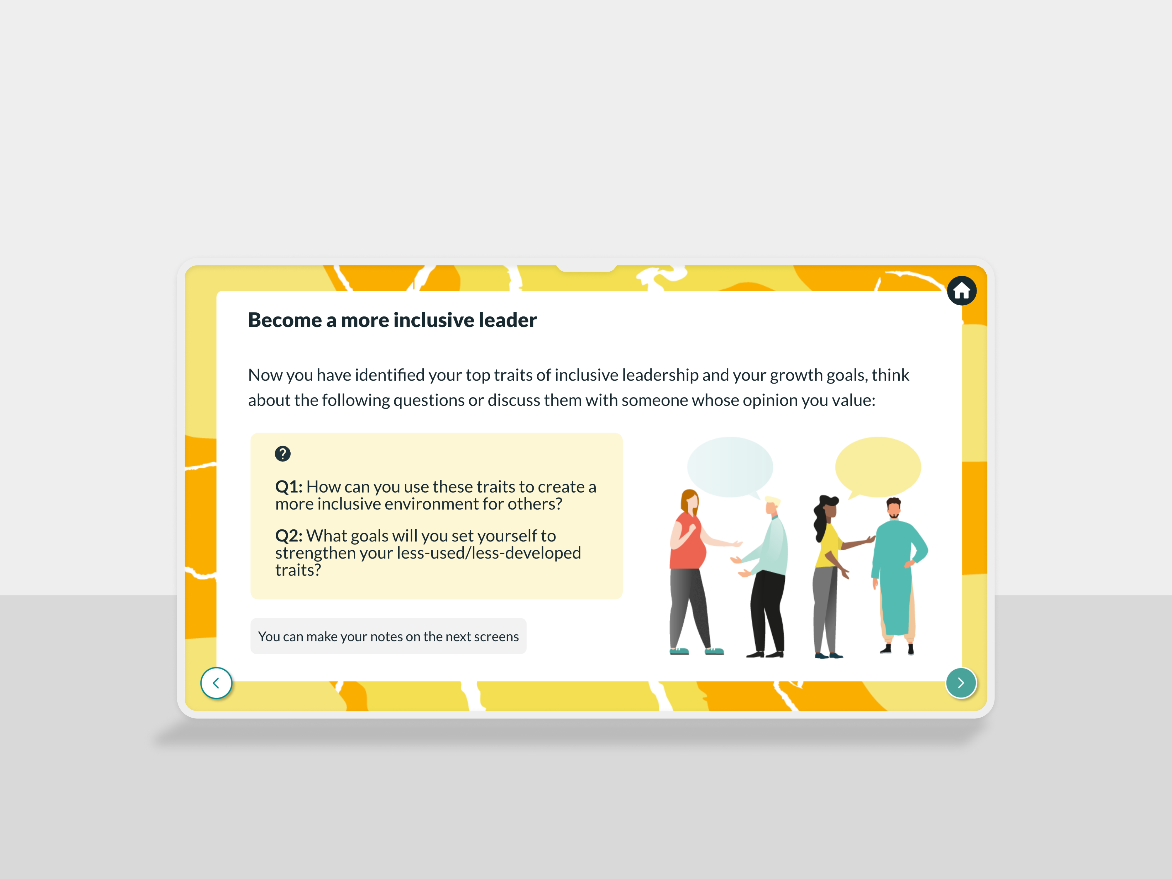 A screen showing questions from an inclusive leadership eLearning