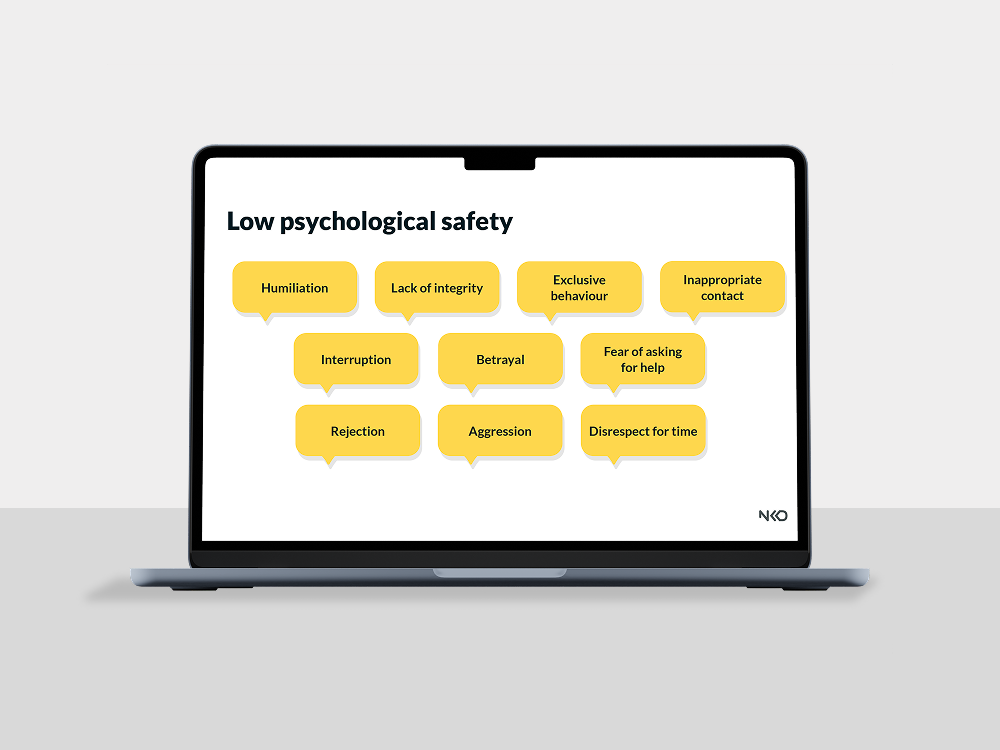 A macbook screen showing the cons of low psychological safety in the workplace