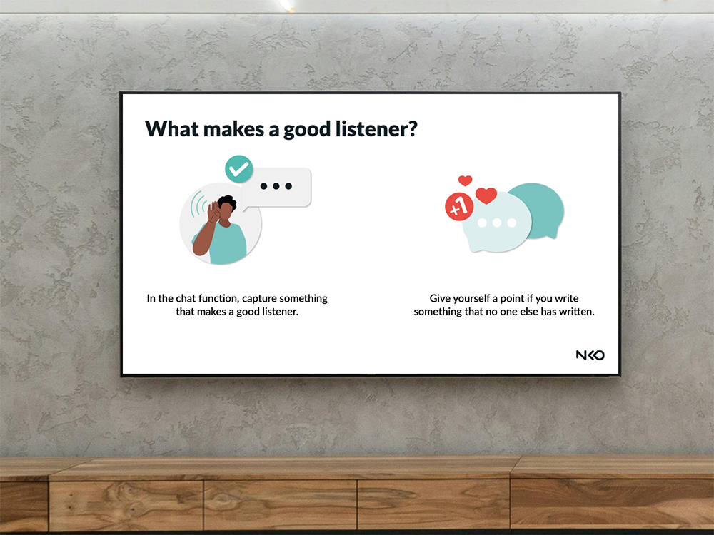 A screen posing the question, 'What makes a good listener?'