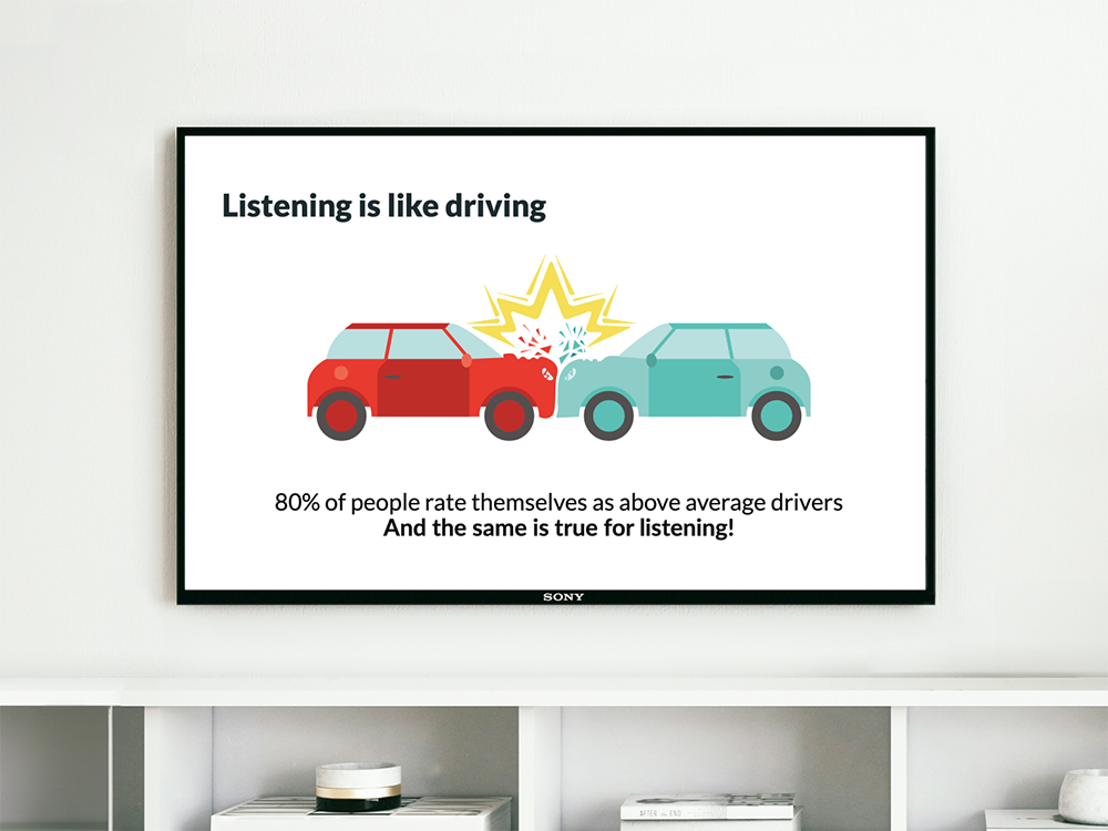 A television screen showing a graphic and stat on listening